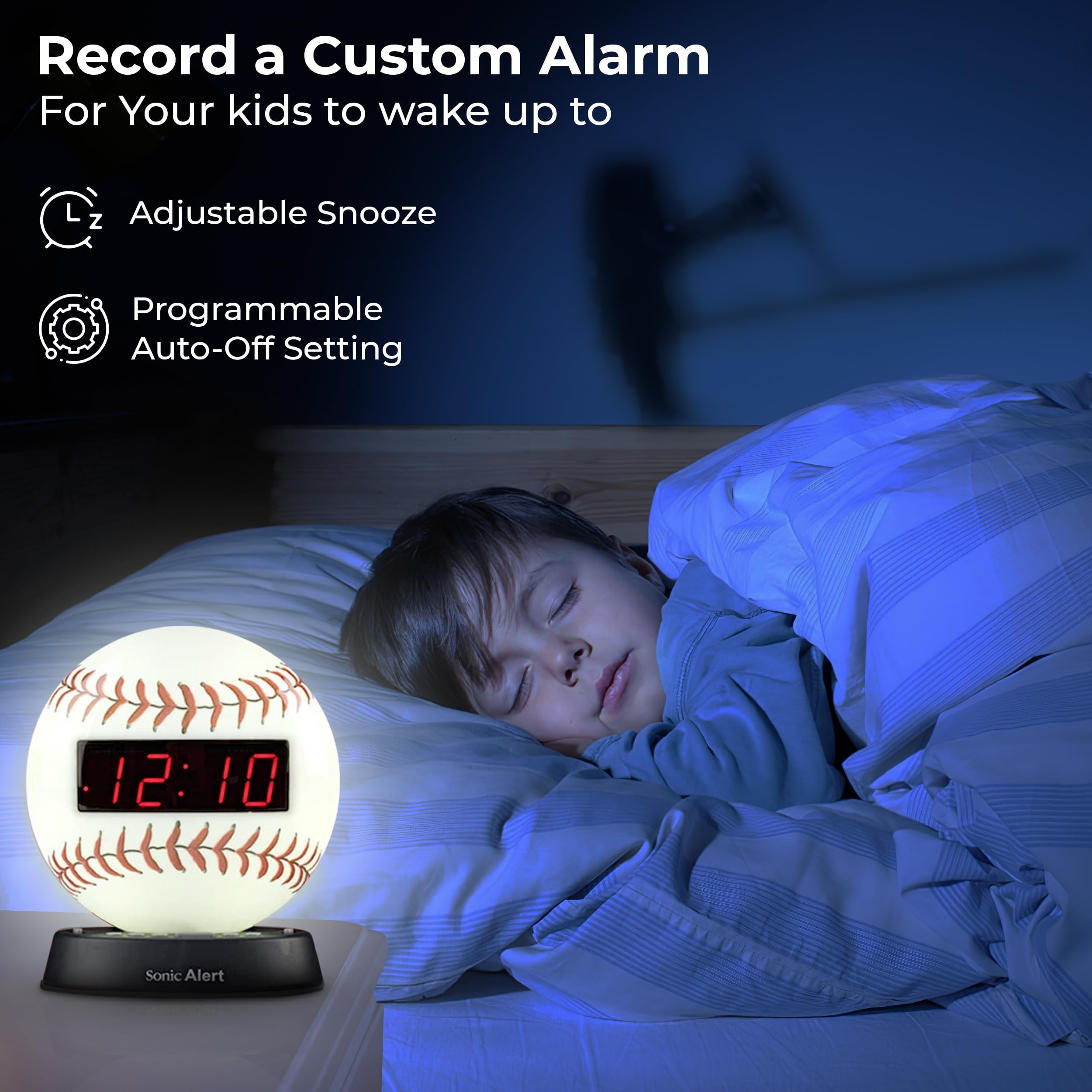 Sonic Alert - Glow Baseball Alarm Clock, Digital Display Alarm Clock for Kids - White