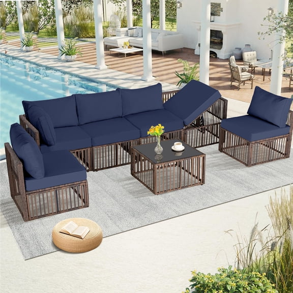7 Pieces Wicker Outdoor Patio Furniture Set, Adjustable Backrest Sectional Conversation Sofa Set with Thick Cushions and Coffee Table, All Weather Rattan Patio Couch for Garden Deck Backyard