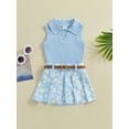 thumbnail image 6 of Elippeo Toddler Girl Summer Outfit 6 12 18 24 Months 3 4 Years Solid Color Ribbed Sleeveless Tank Tops and Daisy Print Pleated Skirts with Belt 2Pcs Clothes Set, 6 of 10