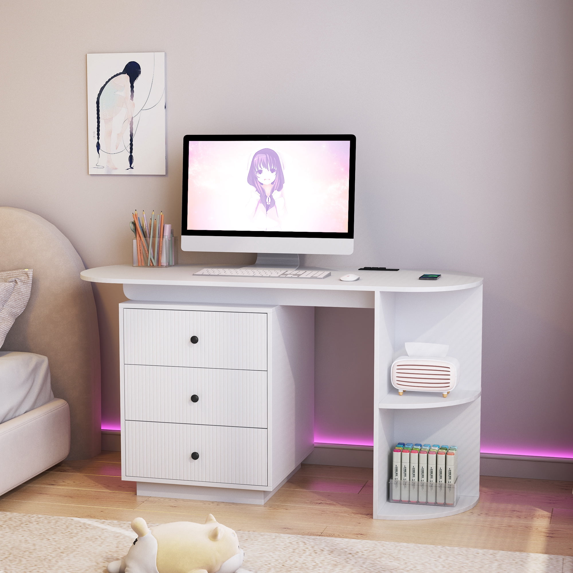 Aukfa Home Office Desk,Wood Executive Desk Teens Student Desk Study Table with Drawer & Power Outlets,White