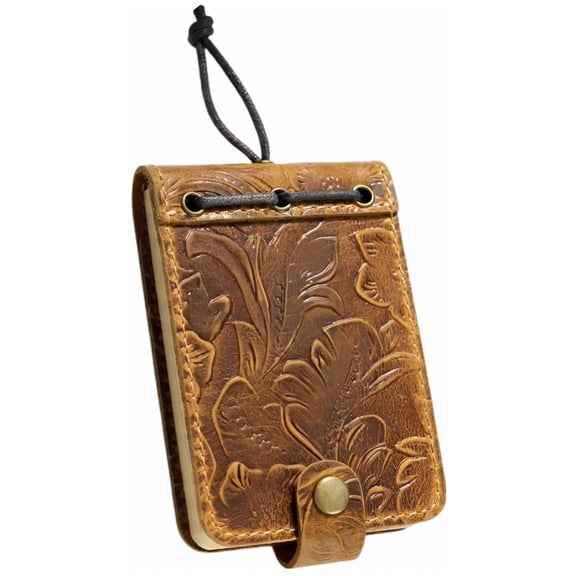 Mini Portable Notebook with Carved Leather Cover, Handcrafted Journal with Brass Hardware, Kraft Paper, Built-in Card Slot, Notebook for Business Travel Office School, Brown