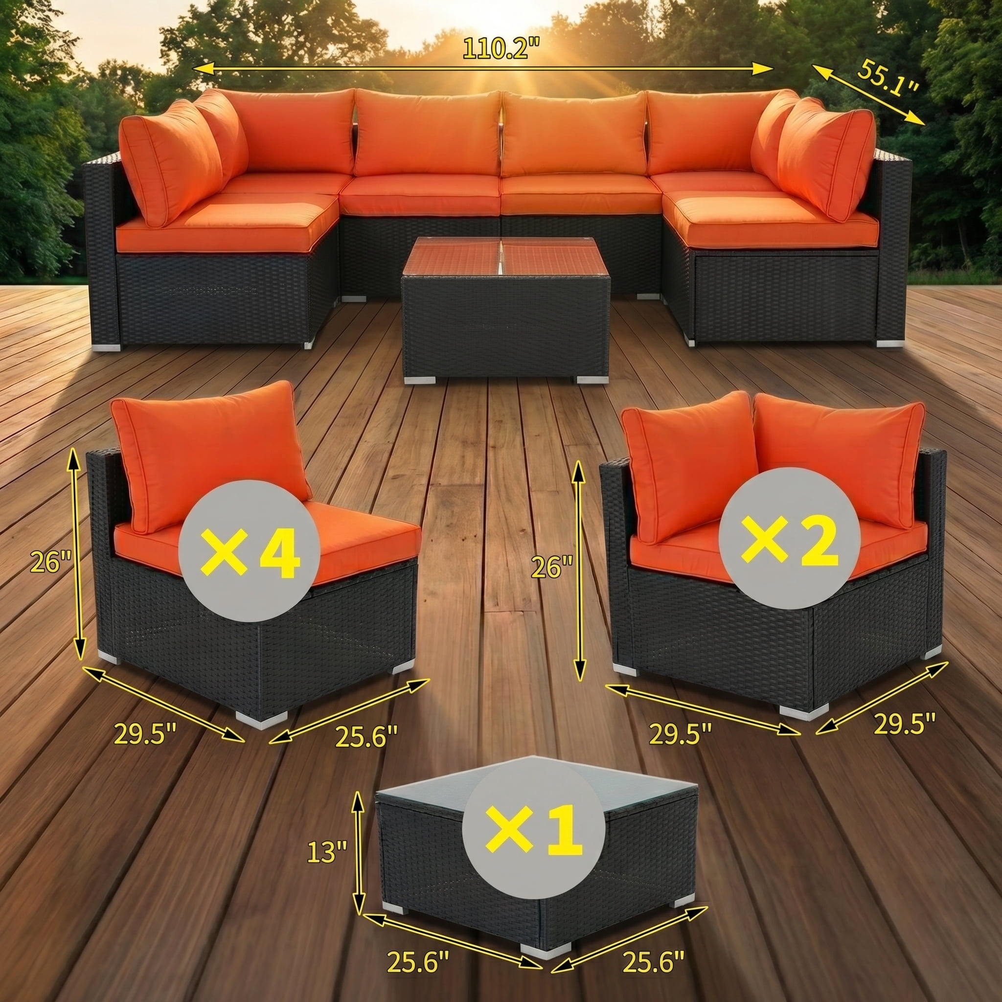 Howcool 7-Piece Modular Outdoor Patio Furniture Set with Cushions and Tempered Glass Table
