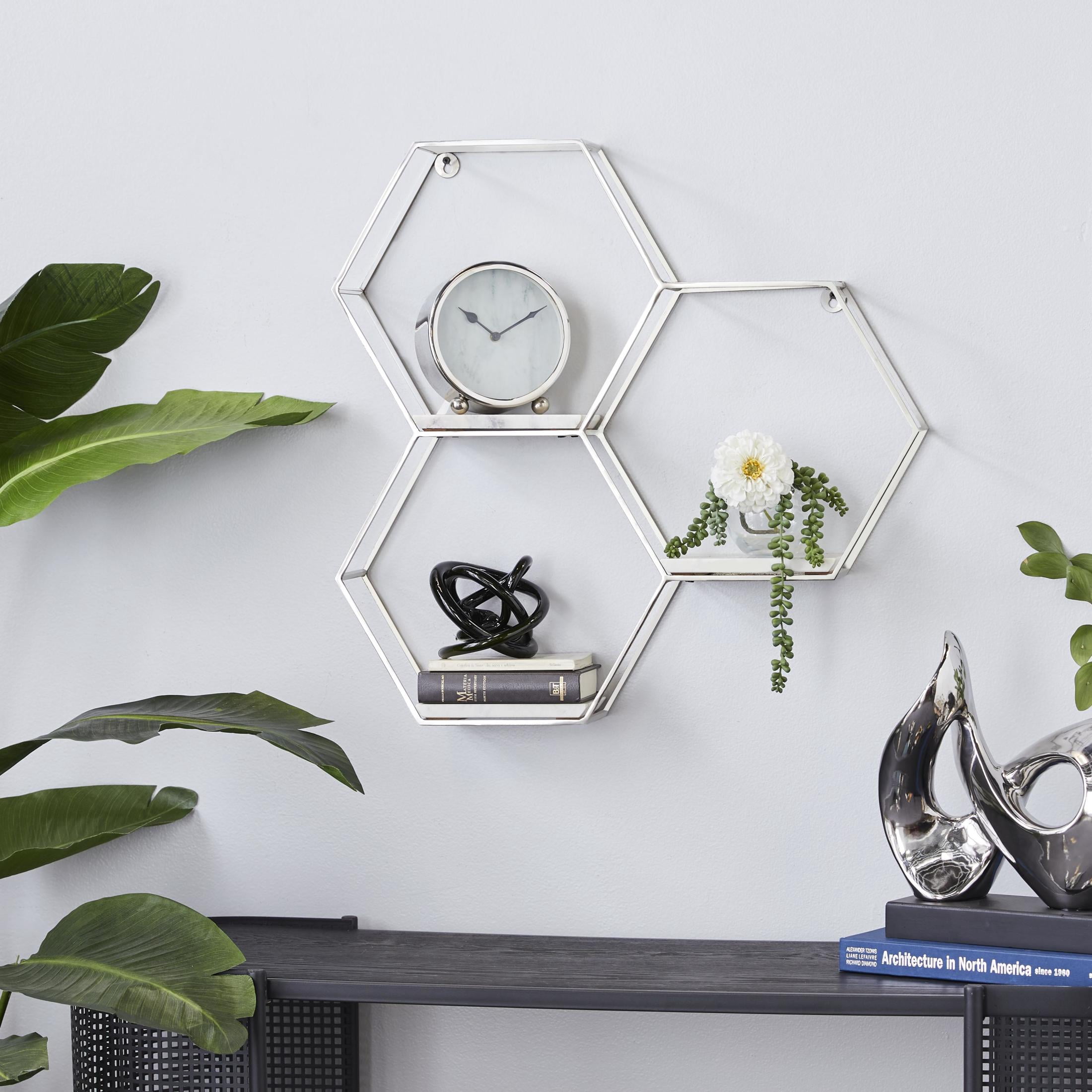 DecMode 26" x 5" Hexagon 3-Tier Silver Geometric Wall Shelf with 3 Marble Shelves