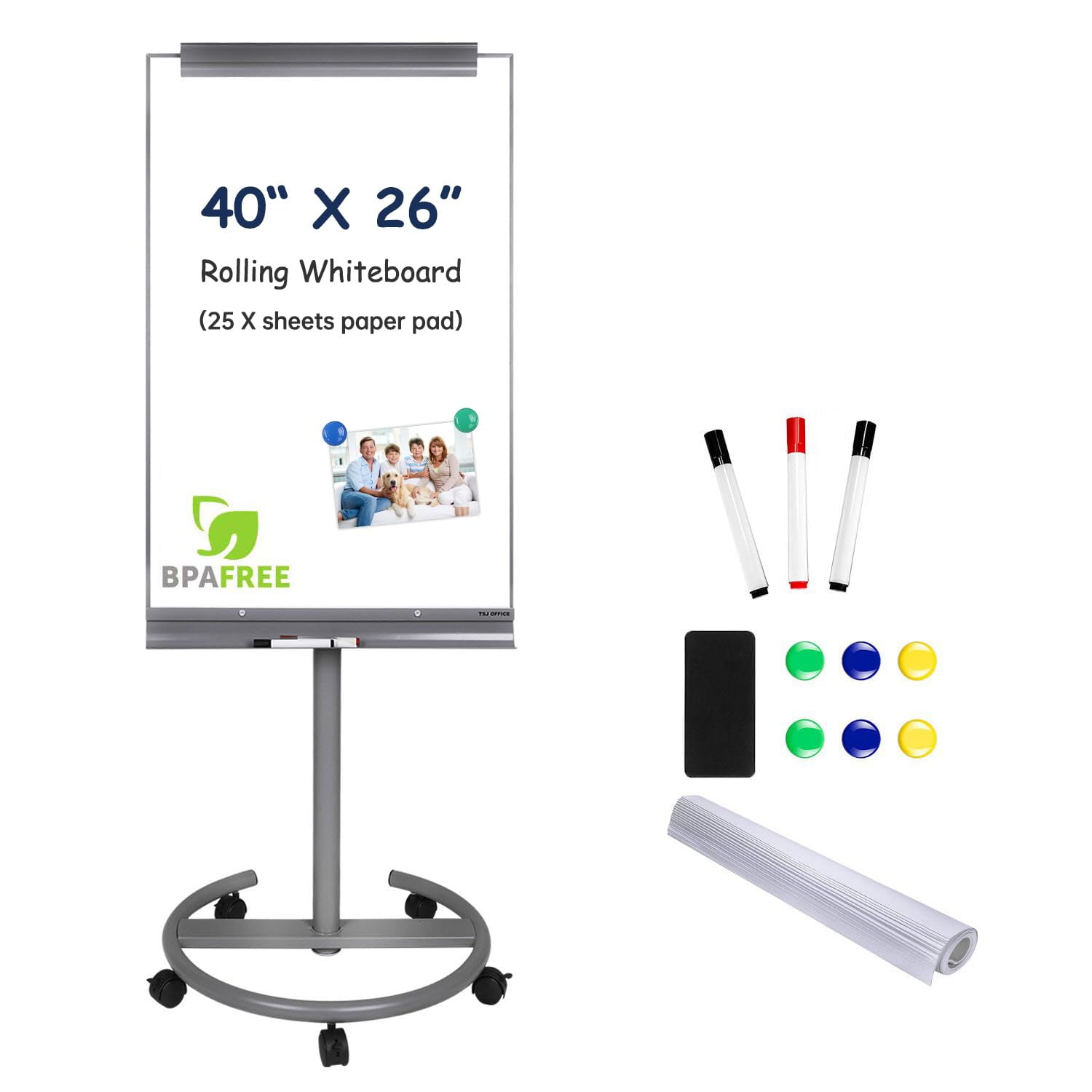TSJ OFFICE Mobile Standing Whiteboard - 40 x 26 Inches Dry Erase White Board Tripod Whiteboard with Rolling Stand Flipchart Easel Height Adjustable