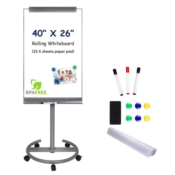 TSJ OFFICE Mobile Standing Whiteboard - 40 x 26 Inches Dry Erase White Board Tripod Whiteboard with Rolling Stand Flipchart Easel Height Adjustable