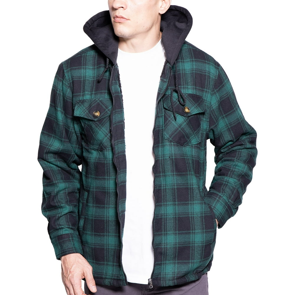 Visive Flannel Hooded Jackets For Mens Zip Up Plaid Heavy Quilted