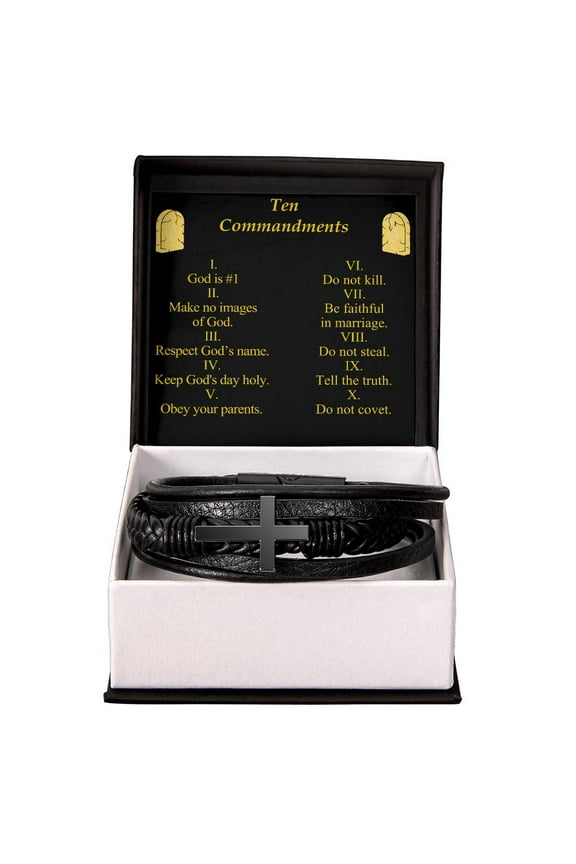 Ten Commandments Men's Stainless Steel & Vegan Leather Cross Bracelet - Vegan Leather with Stainless Steel