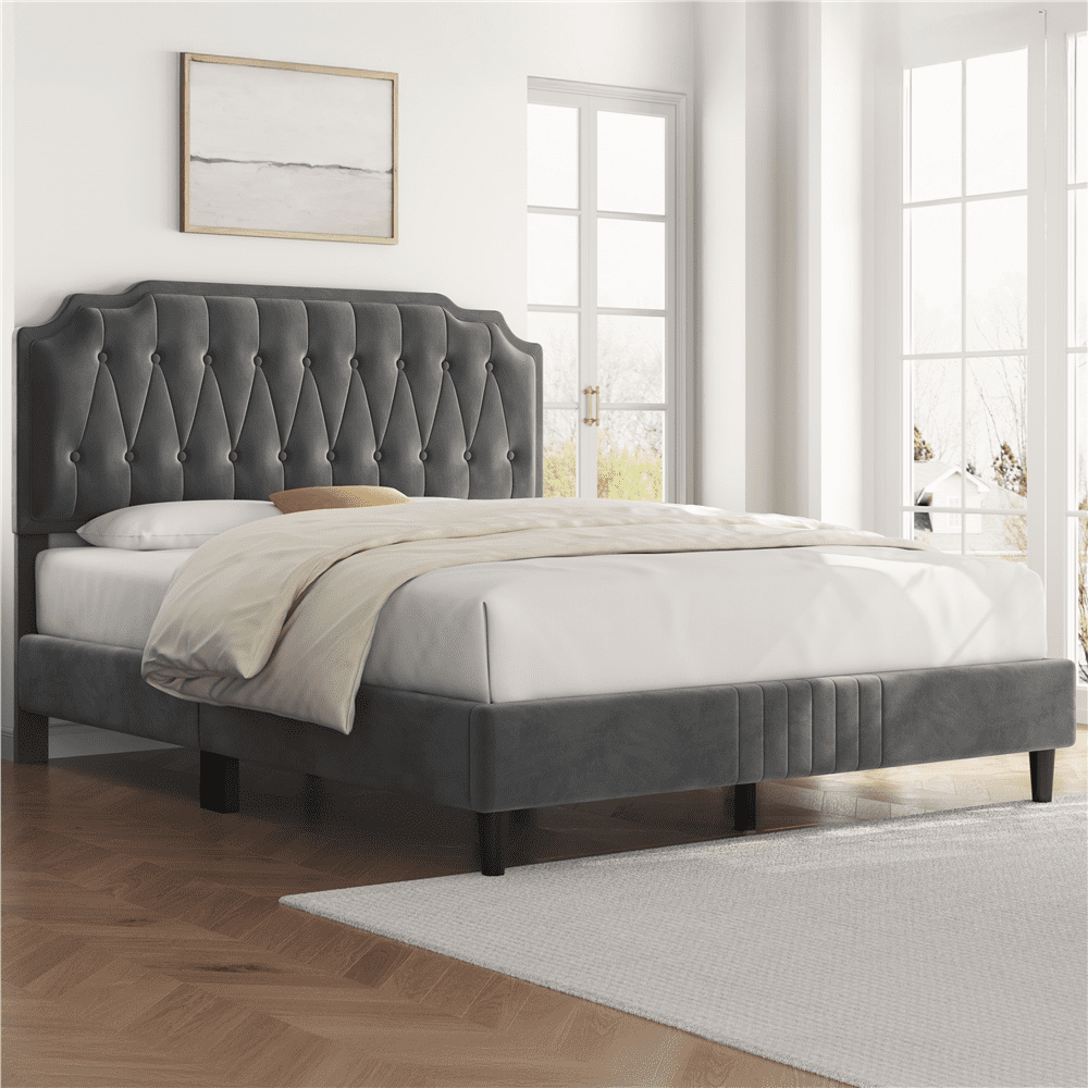 Renwick Upholstered Platform Queen Bed with Adjustable Headboard, Dark Gray