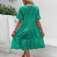 thumbnail image 2 of ZEHJUHAN Women's Lace Short Sleeve Midi Dress Solid Color Round Neck A-Line with Hollow-out Splice Ruffle Hem Green，M, 2 of 3