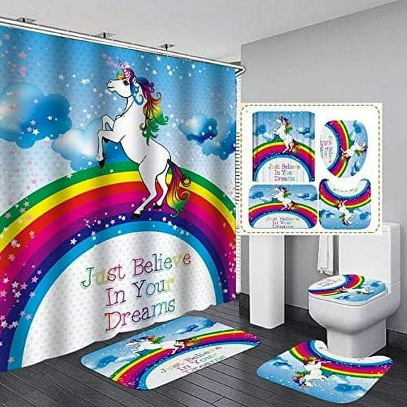 4PCS Cute Colorful Unicorn Shower Curtain Sets with Rugs, Waterproof Fabric Rainbow Shower Curtain, Cartoon Butterfly Moon Star Love Cloud Kawaii Teen Girls Kids Bathroom Decor, Daughter Gifts