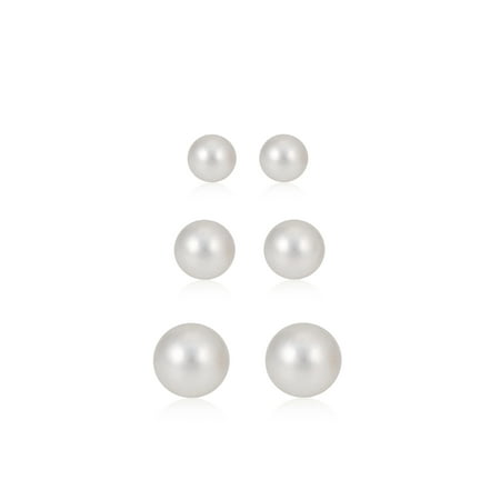 TAZZA WOMEN'S WHITE FAUX PEARL SET OF 3 SILVER STUD EARRINGS