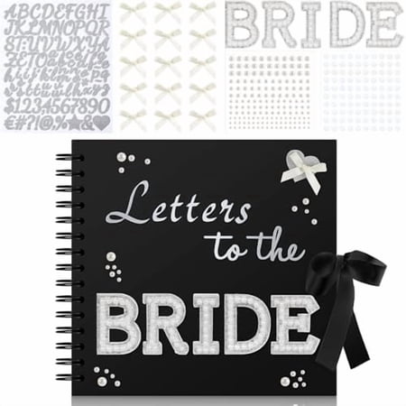 8 x 8 Inch Letters to The Bride Scrapbook Wedding Memory Book Bridal DIY Blank Paper Scrapbook Photo Album Guest Book Sign with Pearl Stickers, Metallic Letters, Bows(Black)