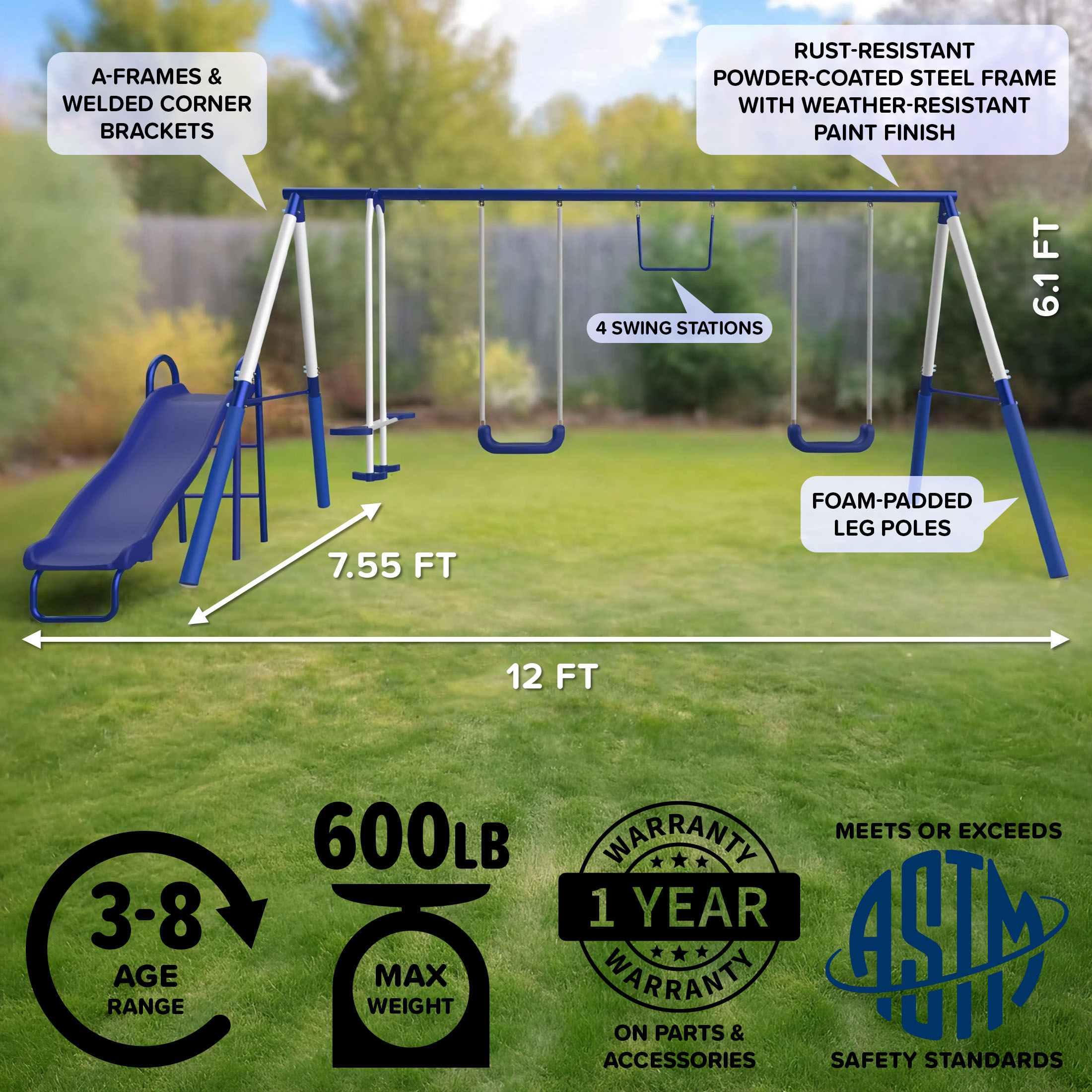 Sportspower Arcadia Metal Swing Set with Glider & Trapeze photo 3