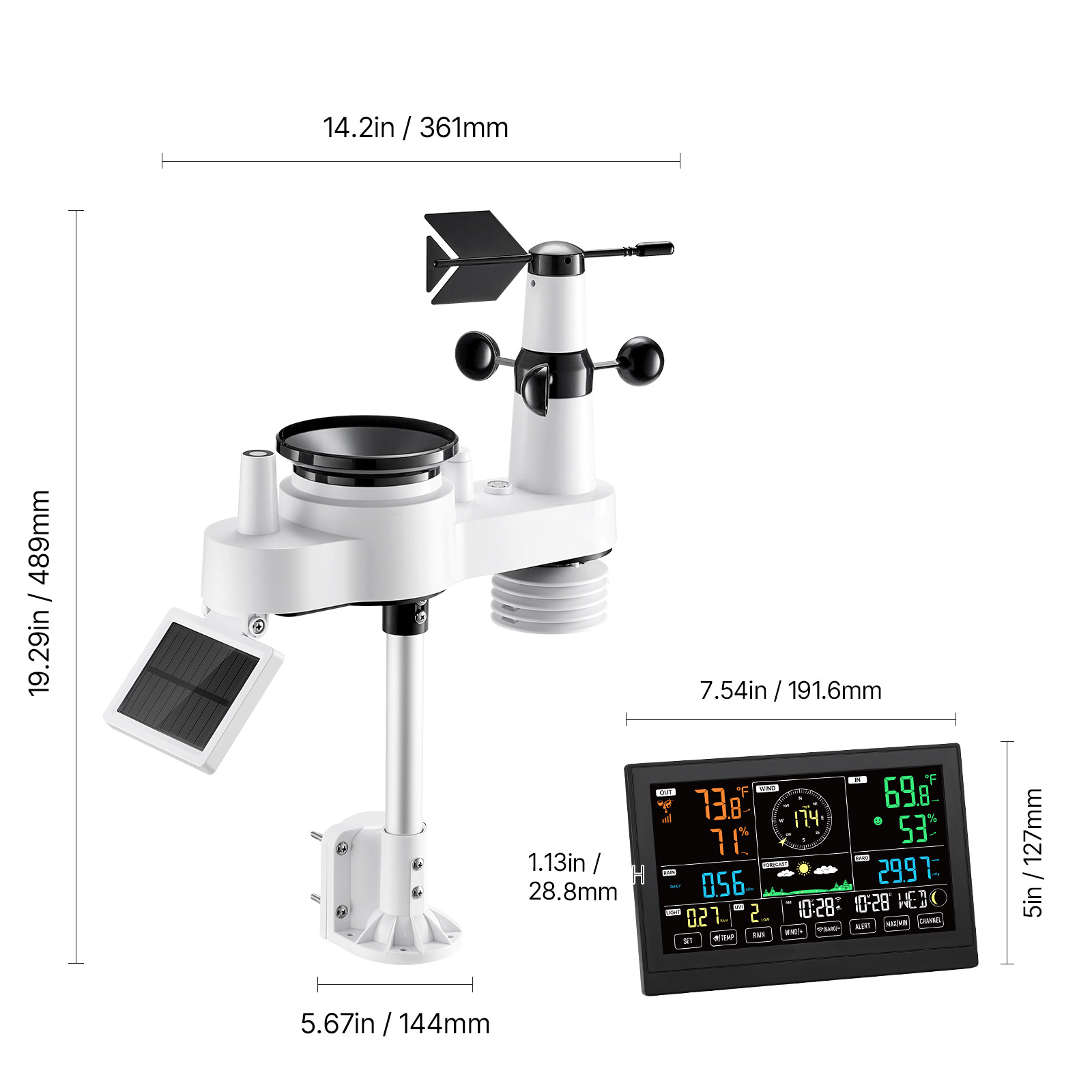 KFFKFF 7-in-1 Wi-Fi Weather Station with App, 7.5-Inch VA Screen, Solar-Powered Wireless Outdoor Sensor, Rain Gauge, Indoor and Outdoor Use for Weather Monitoring, Wind Speed, Temperature, Humidity