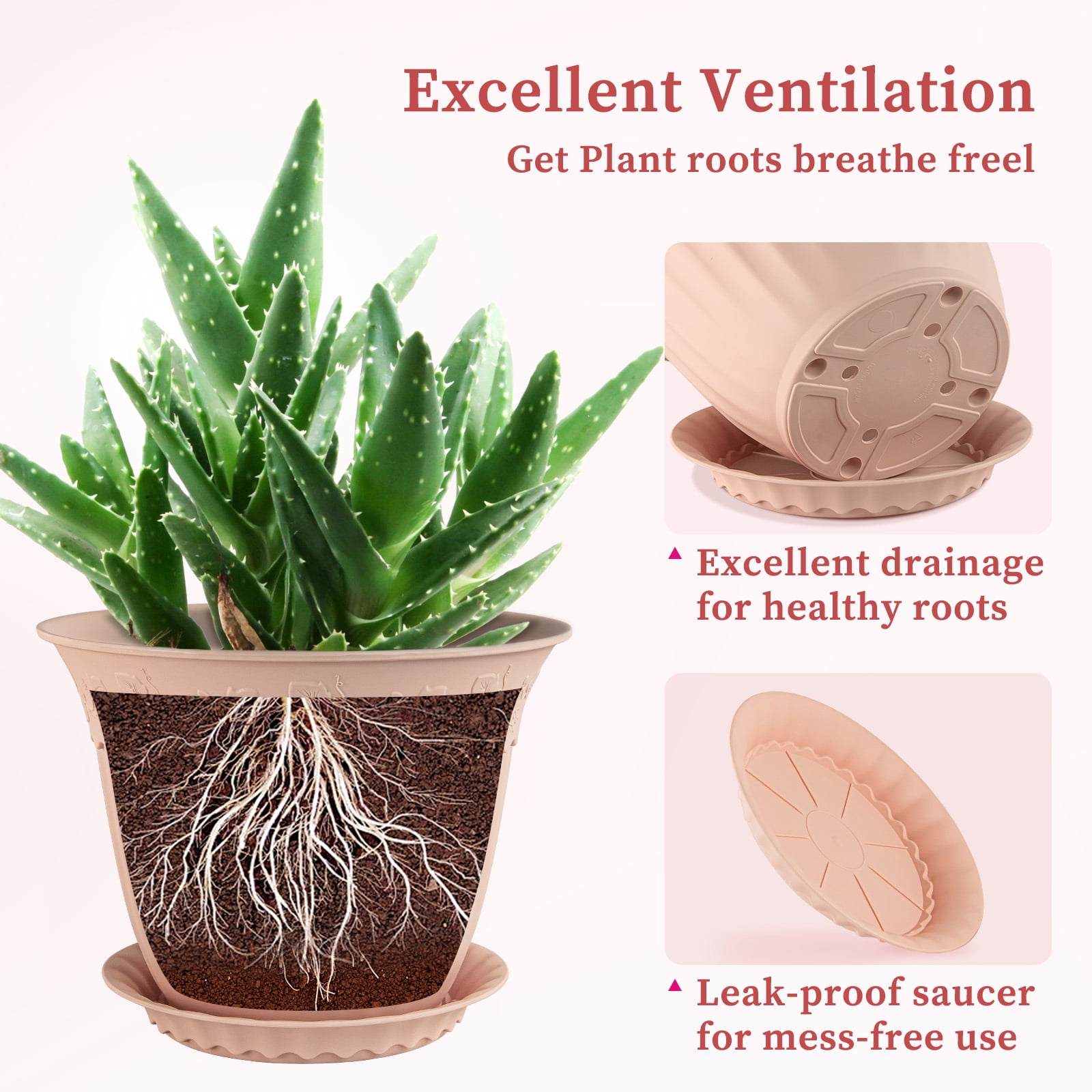 FIASON 6 Pack 8 Inch Pink Embossed Plastic Plant Pots, Vine Pattern Flower Planters with Drainage Holes and Saucers, Indoor Outdoor Decorative Plant Pots
