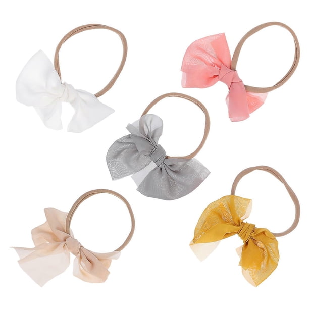 5pcs Chiffon Bowknot Hair Bands Soft Elastic Hair Accessories in White, Pink, Yellow, Grey, Coffee – Cute Headbands for Festivals & Everyday Wear