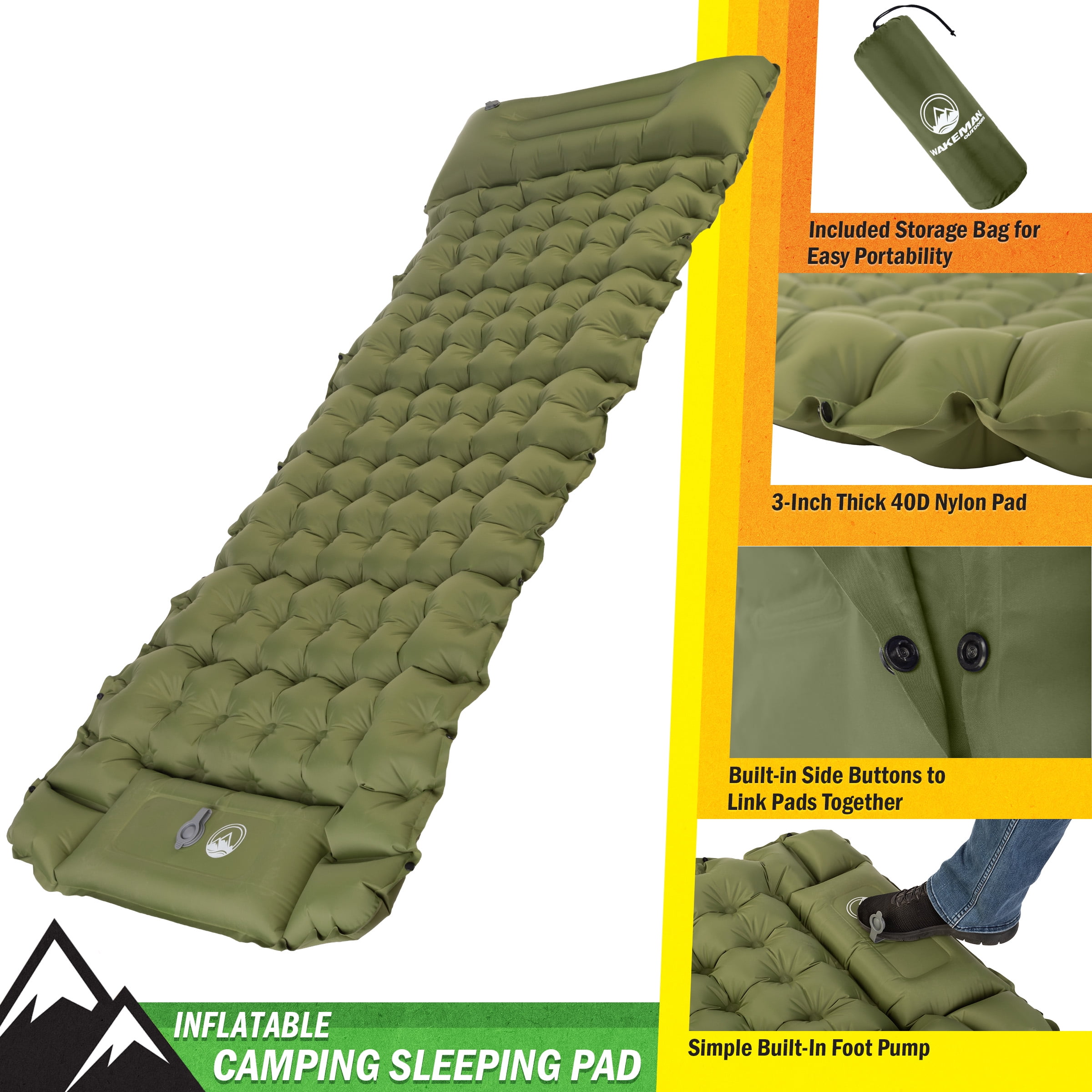 Wakeman Outdoors Inflatable Sleeping Pad with Built-in Foot Pump, Olive