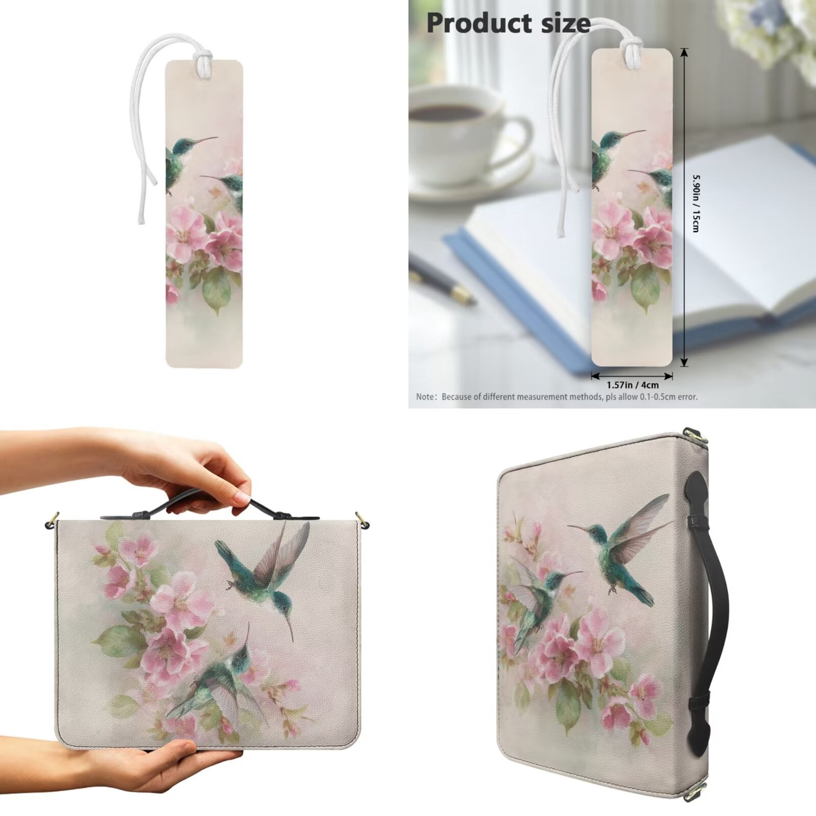 Kuiaobaty Hummingbird Print Bible Cover for Women Men Cherry Blossom Print Bible Study Supplies with Leather Bookmark Multi Pockets Church Bag Bibles Case with Strap Gifts for Christian, Beige