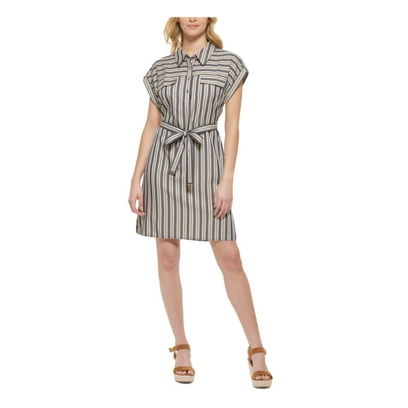 TOMMY HILFIGER Womens Beige Unlined Button Front Faux Pockets Vented Striped Cap Sleeve Collared Above The Knee Shirt Dress 12