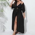 thumbnail image 6 of JIAYUE Women's Swimwear Cover-Ups Half Sleeve V Neck Hollow Lace Up Plus Size Pleated Solid Color Ankle Length Bathing Suit Cover Up Dresses, 6 of 6