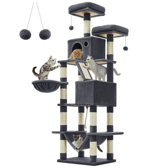 Feandrea Cat Tree, 81.1-Inch Large Cat Tower with 13 Scratching Posts, 2 Perches, 2 Caves, Basket, Hammock, Pompoms, Multi-Level Plush Cat Condo for Indoor Cats, Smoky Gray