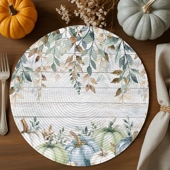Fall Pumpkin Round Braided Placemats Set of 4, Green Eucalyptus Leaves Flower Wood Grain Heat Insulation Place Mats Washable Non-Slip Table Mats for Kitchen Dining Party, 13 Inches