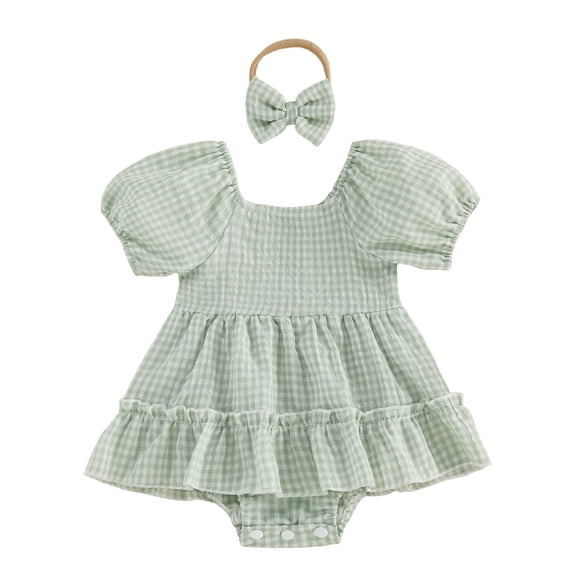Vdoaml Baby Clothes for Girls Short Sleeve Bodysuit Infants Gingham Cute Romper Dress with Bow Headband 3-6 Months Green
