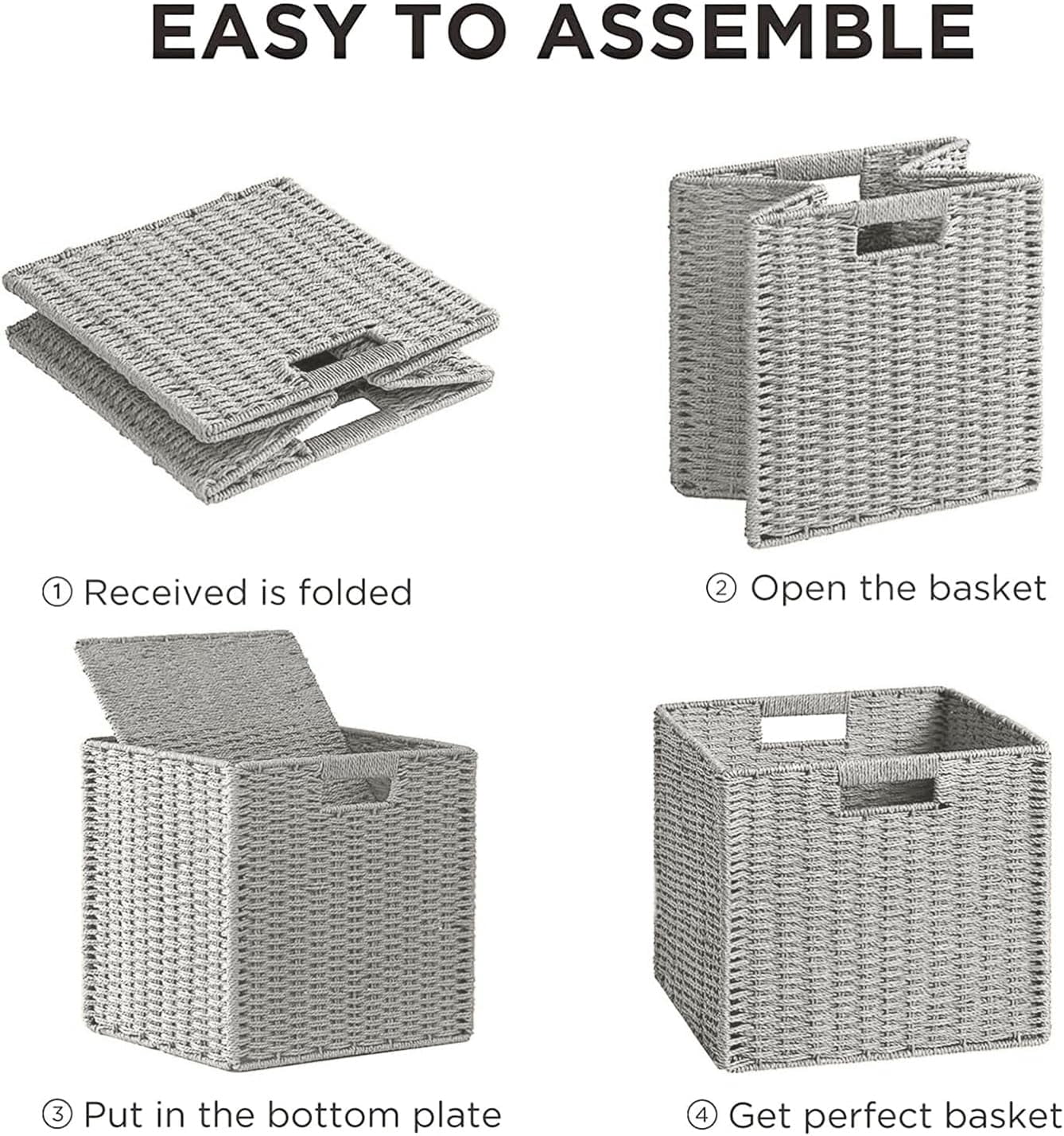 HBlife 2 Pack Wicker Basket, 11.8L×11.8H×11W inch Woven Paper Rope Storage Baskets for shelves, Foldable Cube Storage bin with Handle, Storage Basket for Organizing & Decor, Gray