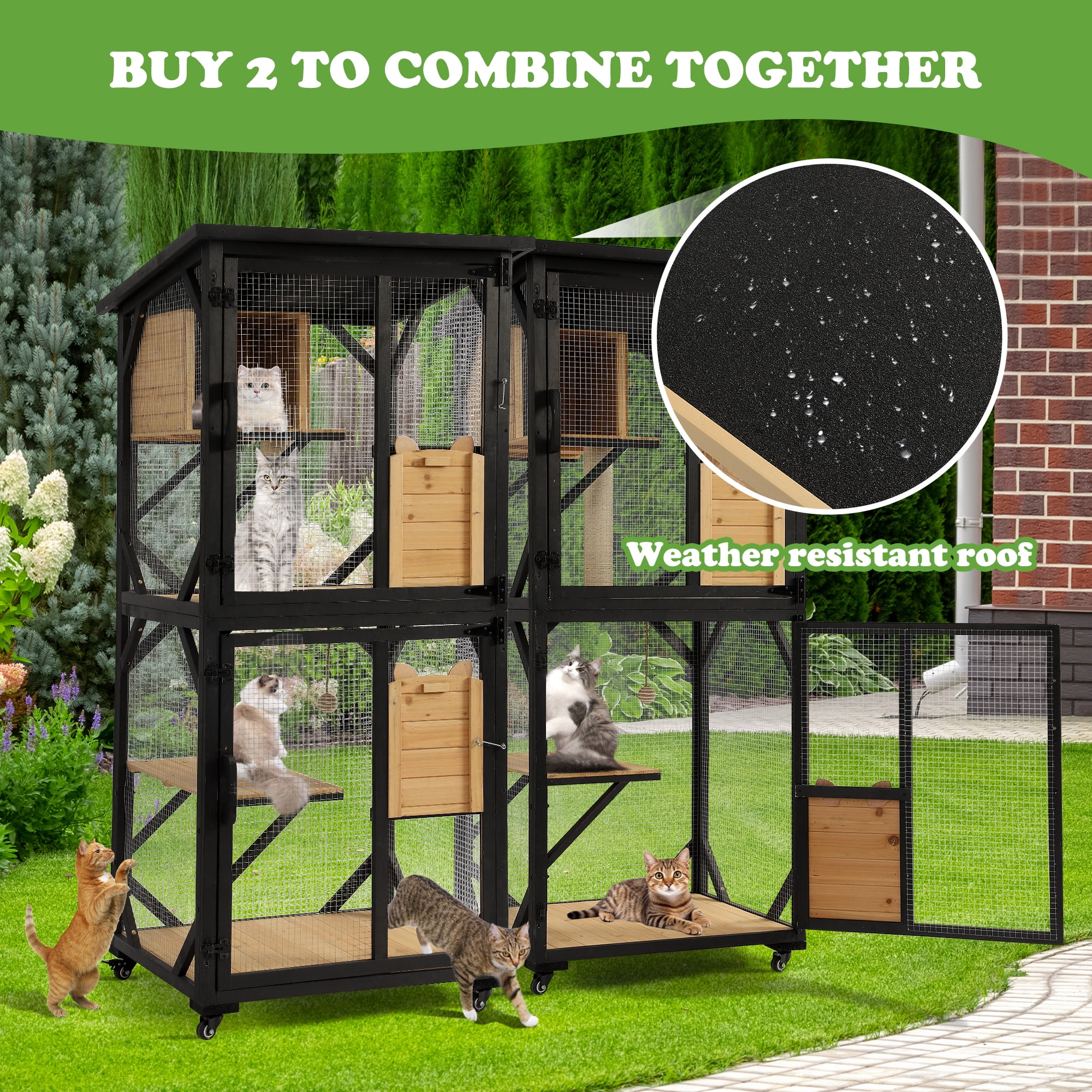 Magic Union Catio Outdoor Cat Enclosure, 4 Tiers Cat House with Waterproof Roof, Indoor Cat Cage with Wheels and Removable Floor, Large Outside Wood Cattio Kitty with Resting Box(Black)