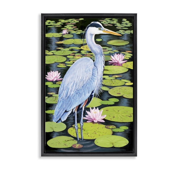 Stupell Industries Heron Among Pond Lilies Animals Painting Black Floater Framed Canvas Art Print Wall Art, 17 x 25