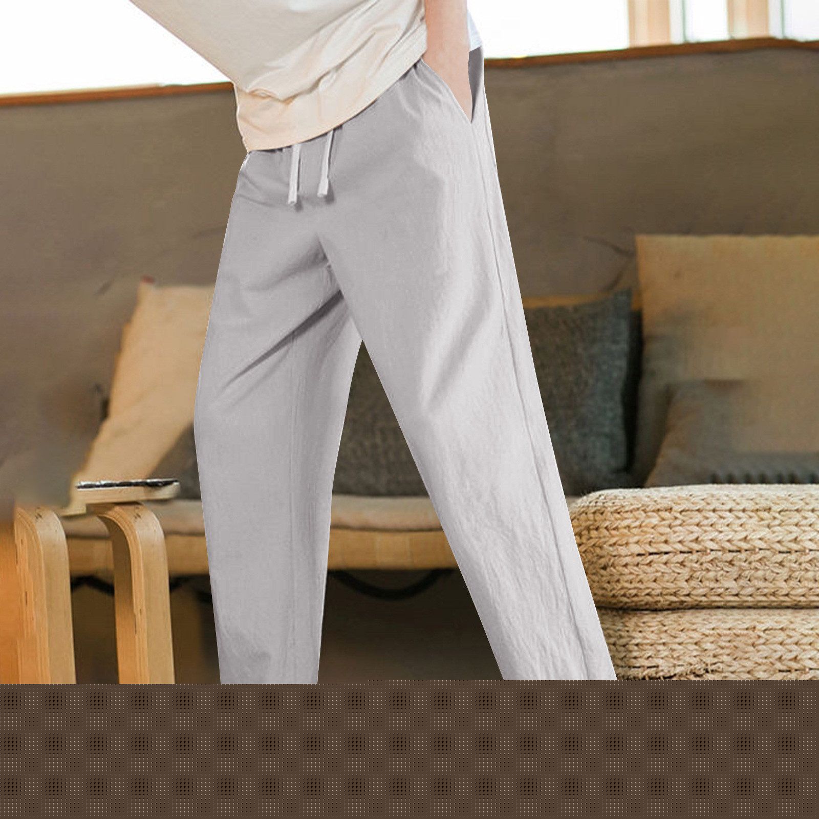 thumbnail image 5 of Aofany Men Pants Men's Cotton Linen Pants Summer Thin Style Casual Straight Leg Tie String Drawstring Long Pants with Pockets, 5 of 5