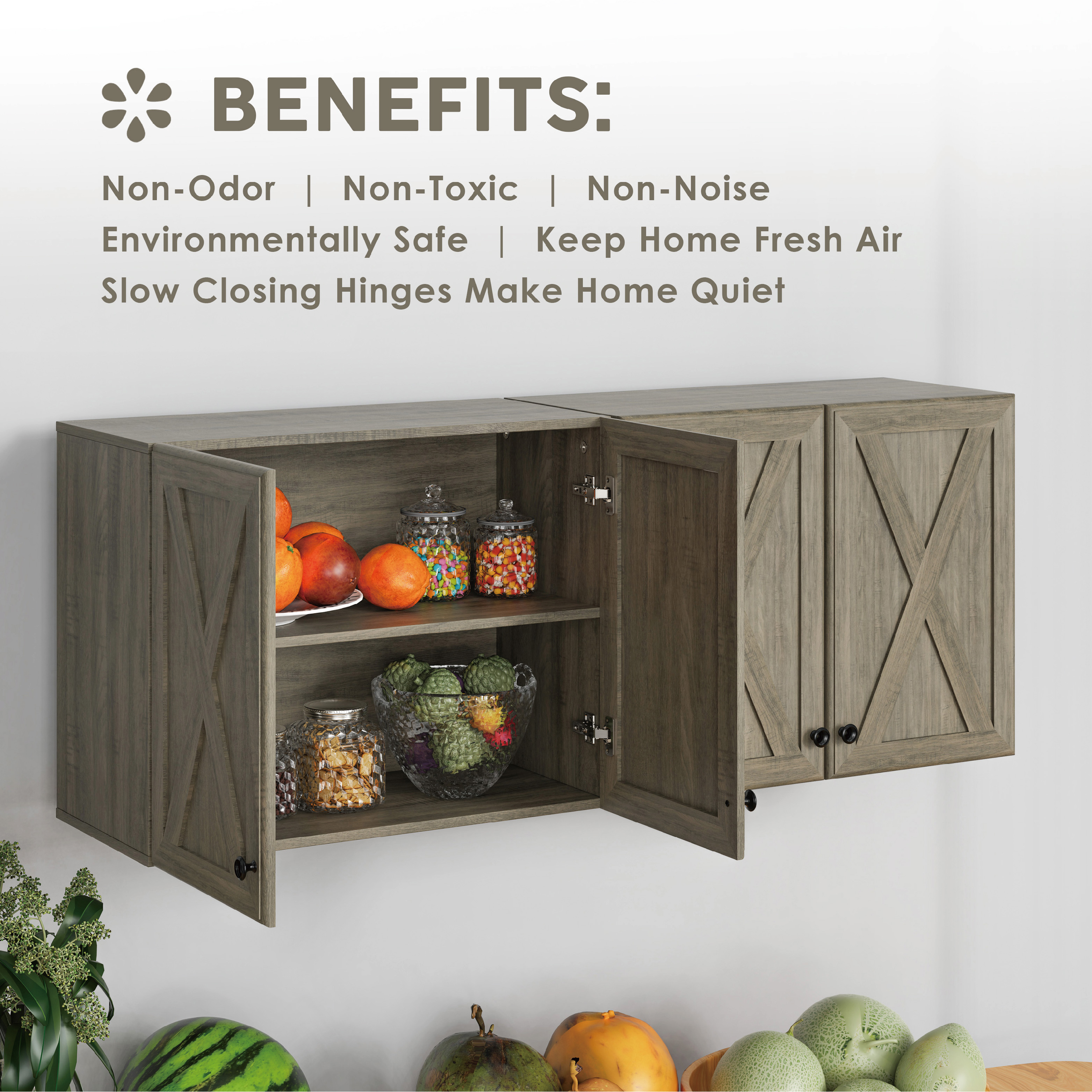 POLIHOME Farmhouse Kitchen Wall Amount Storage Cabinets with Doors and Shelves, One Set of 2 Pieces, Lt Rustic