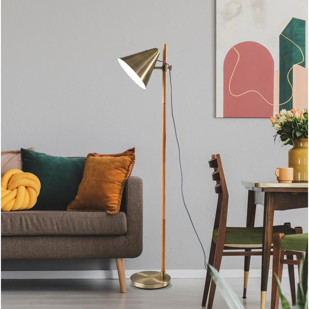 Adesso Bryn 58" Wood/Antique Brass Floor Lamp with Cone Shade (3761-12)