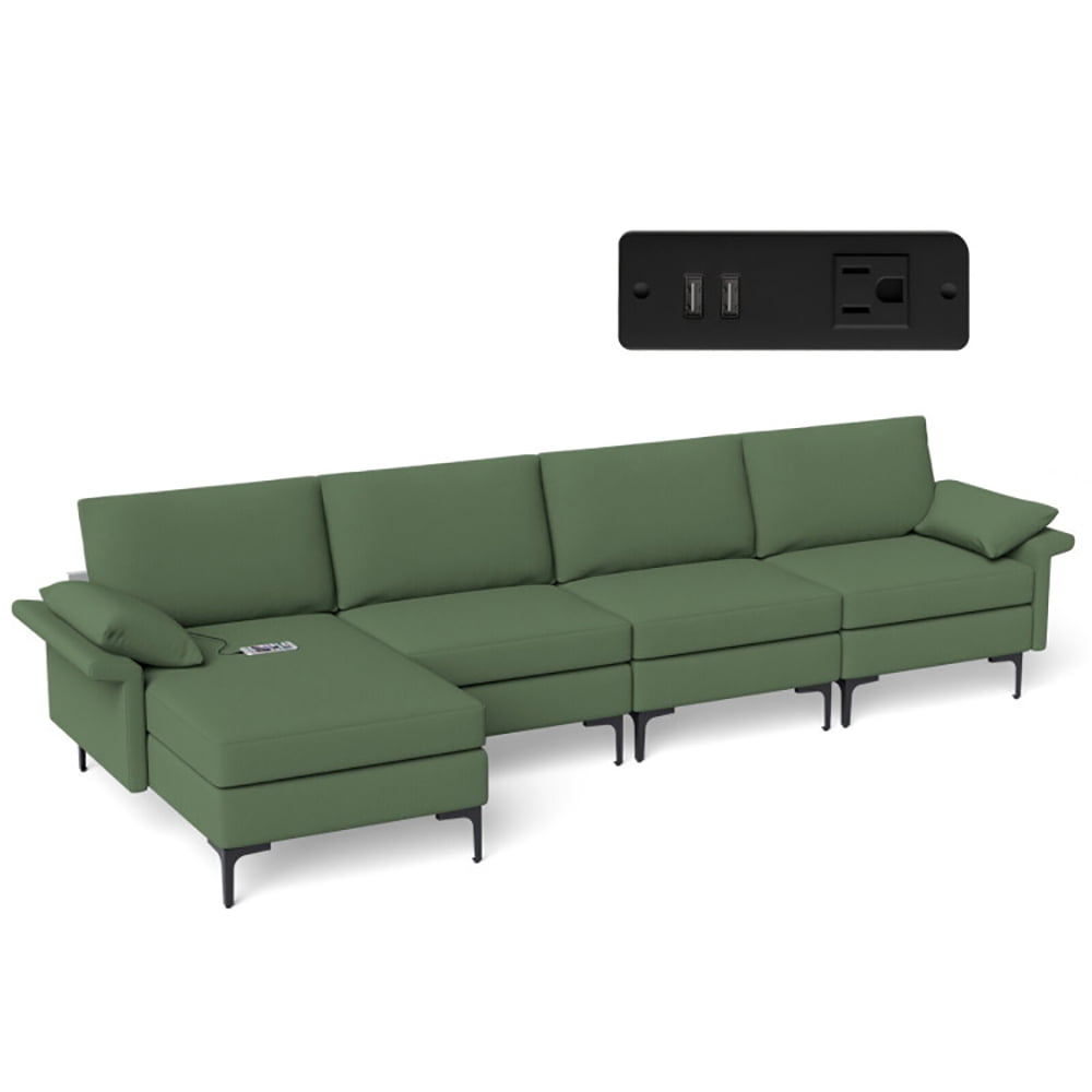 Finihen L-shaped Sectional Sofa Couch, Convertible Sectional Sofa, Extra Large L-shaped Sectional Sofa with Reversible Chaise and 2 USB Ports for 4-5 People, for Living Room, Army Green