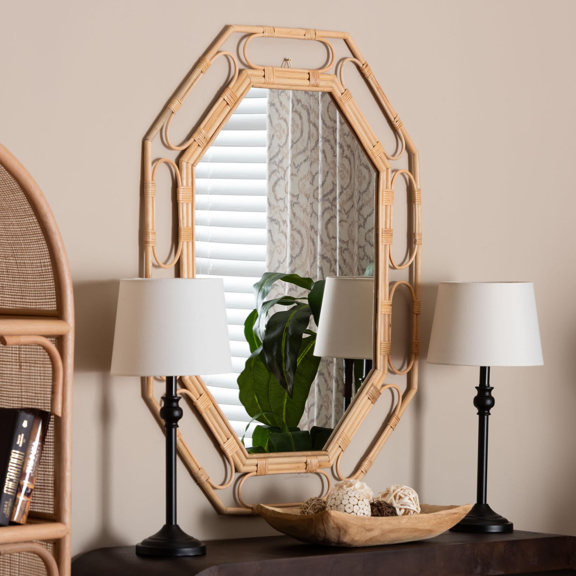 bali & pari Hasana Boho Wall Mirror, Handwoven Scallop Natural