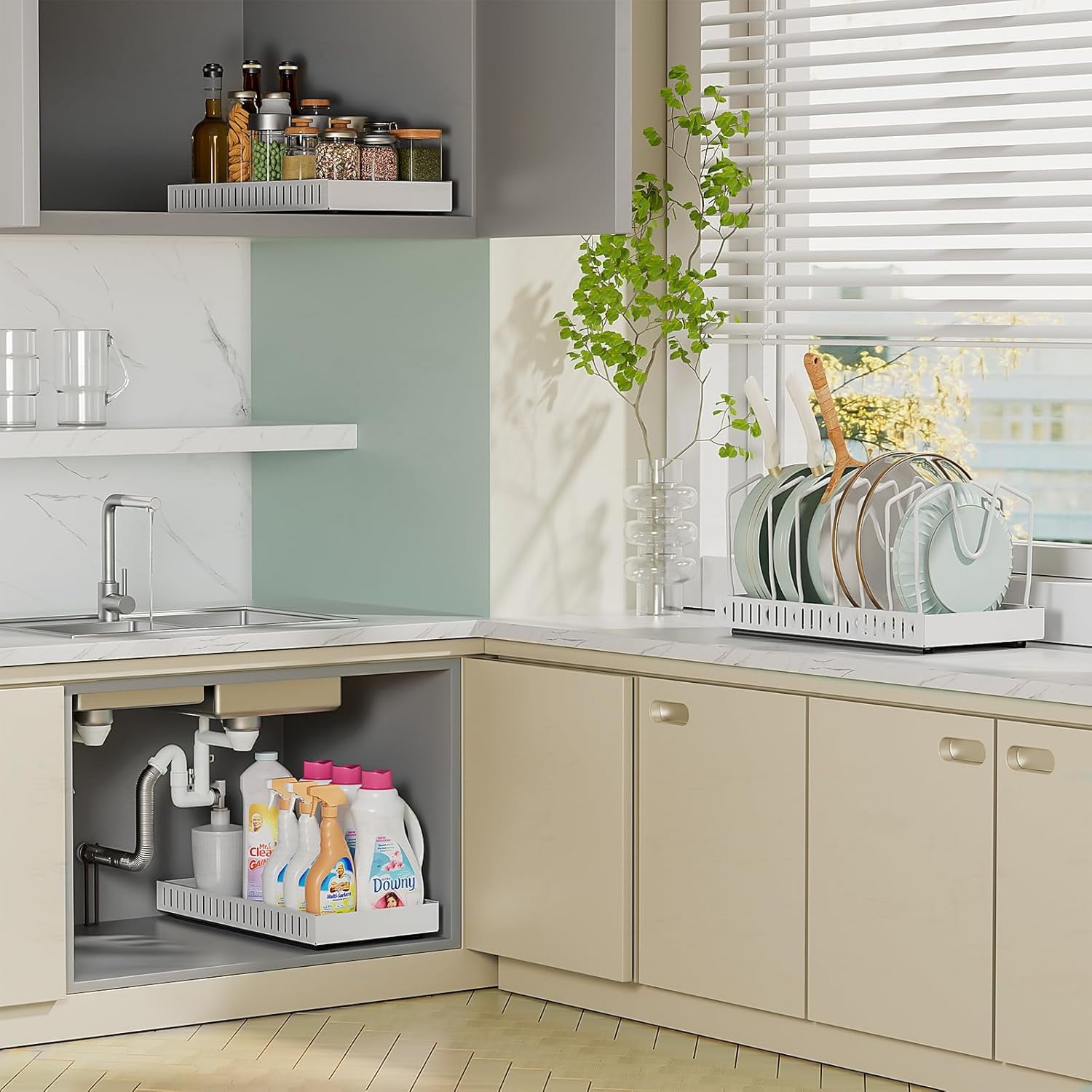 Pull-out Pots and Pans Organizer 1 Pack - Under Cabinet Pot Lid Holder for Kitchen - Bakeware & Dishes Storage Rack with Slide Rails, White