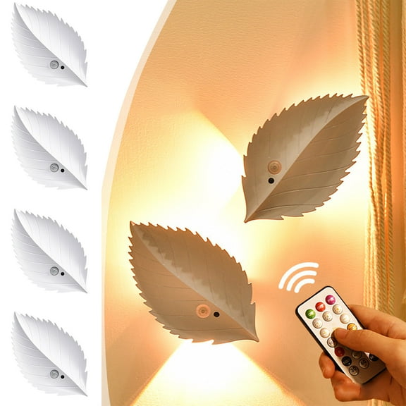 Leaf-shaped bedside LED lamp, motion sensor night light, magnetic and self-adhesive wall mount, remote control functionality, wireless design for bedroom or guest room , Ihhxbz | Plastic, White