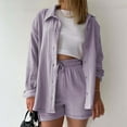 thumbnail image 4 of Women 2 Piece Outfits Long Sleeve Button Down Shirt And Shorts Set Casual Sweatsuits Crinkle Crepe Shirts Loungewear Light Purple M, 4 of 5