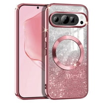 Casetego for Google Pixel 9/Google Pixel 9 Pro Case,Compatible with MagSafe,Clear Magnetic Glitter Gradient Sparkle Luxury Plated Soft TPU Bumper Full Camera Lens Protector,Rose Gold