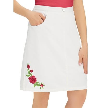Women's Rose Embroidered Pull-On White Elastic Waist Cotton Skort with Pockets, Large, White Multi
