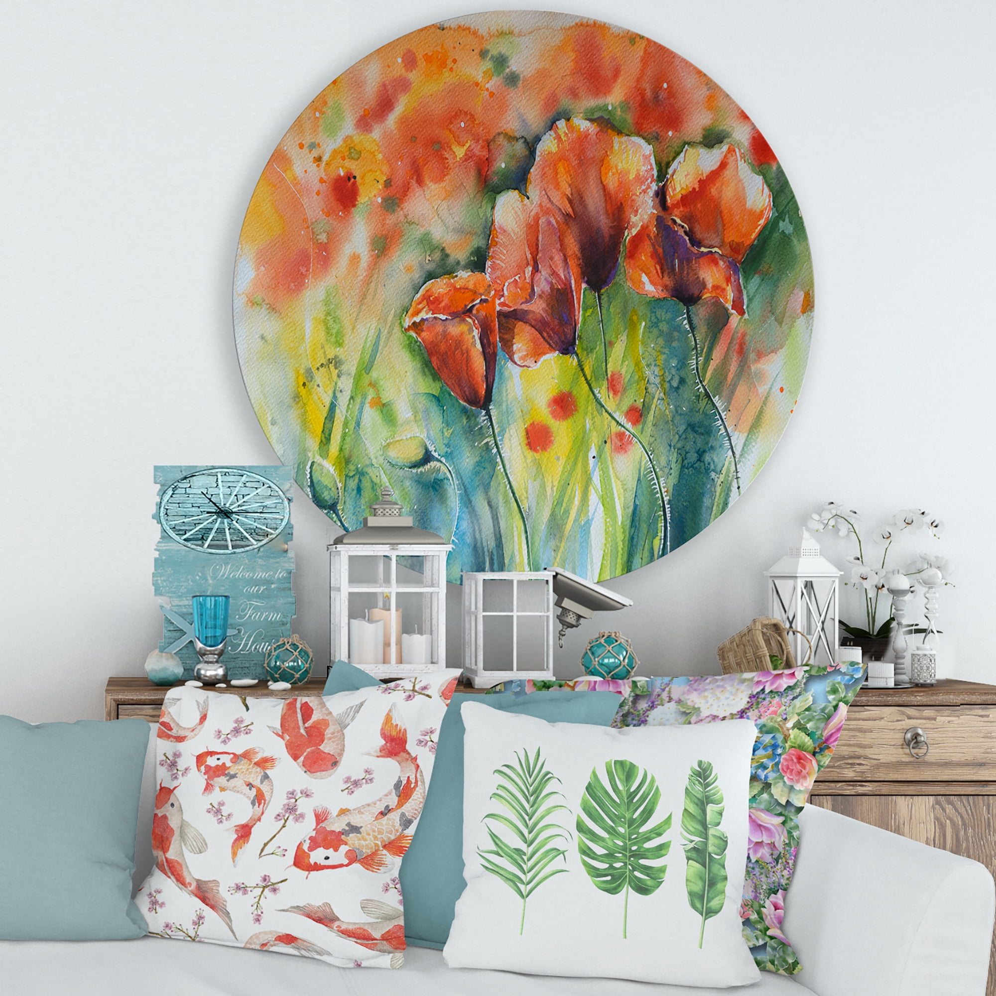 Designart 'Red Blossoming Poppies Over Wild Green IV' Traditional Circle Metal Wall Art 29x29 - Disc of 29