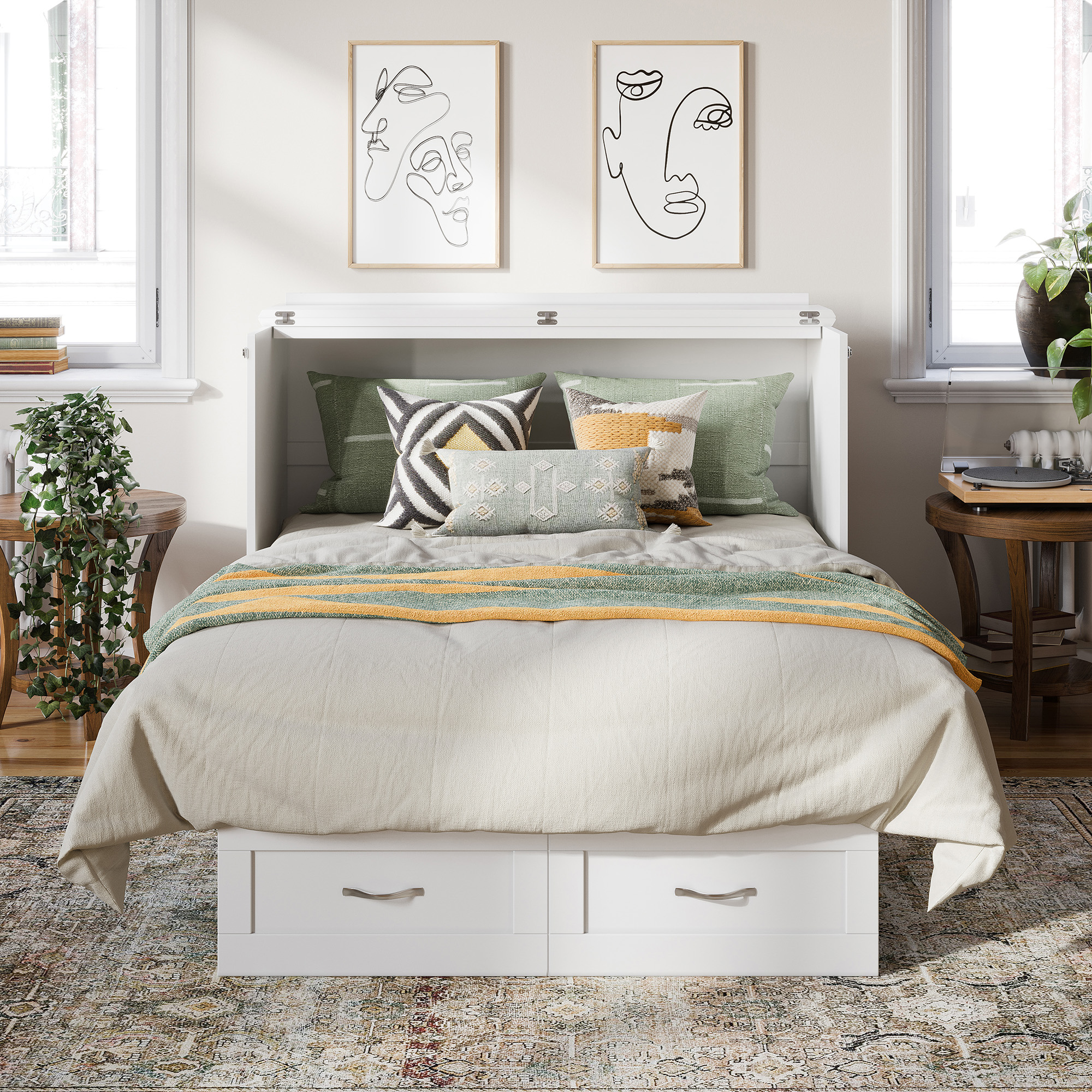 AFI Monroe Full Solid Wood Murphy Bed Chest with 6" Mattress, Drawer & Charger, White