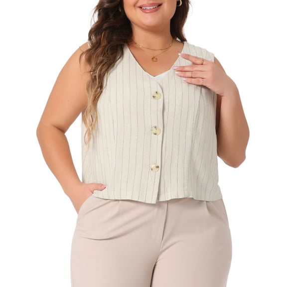 DARING DIVA Women's Plus Linen Vest Sleeveless Button Down V Neck Crop Top 1X Beige