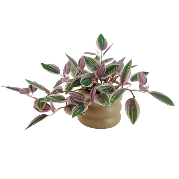 Mainstays Indoor Artificial Variegated Zebrina, 9.5-Inch, Pink and Green Leaves, Tan Bubble Vase