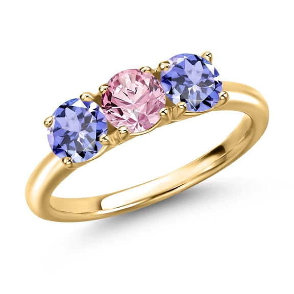 Gem Stone King 18K Yellow Gold Plated Silver Pink Lab Grown Diamond and Blue Tanzanite Engagement Ring for Women | 1.42 Cttw | Round 5MM | Gemstone April Birthstone | Size 5