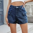 thumbnail image 2 of Women's Stretch Denim Casual Shorts - Button Flap Pockets & Elastic Waistband, Faded Solid Color Retro Jean Shorts for Daily Wear,Dark Blue L, 2 of 5
