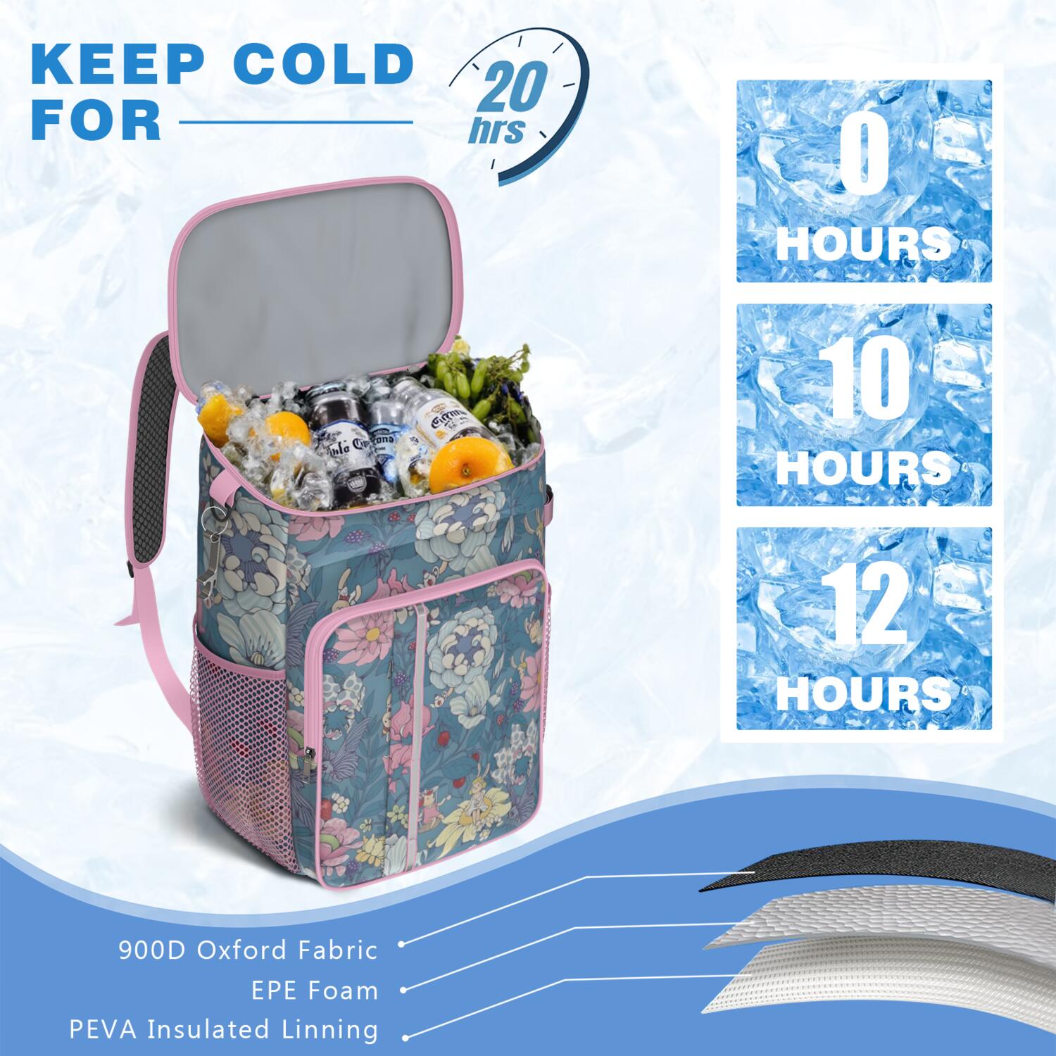 Travel Cooler Bag - Pioneer Flower Floral Print Pattern Camping Beer Cooler Backpack with Bottle Opener- Waterproof Insulated Picnic Backpacks - Cooler Bag for Beach