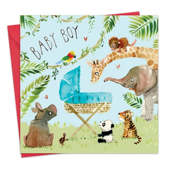 Twizler New Baby Boy Card - Blue Crib and Jungle Animals - Boys Baby Shower Greeting Card - Congratulations New Parents