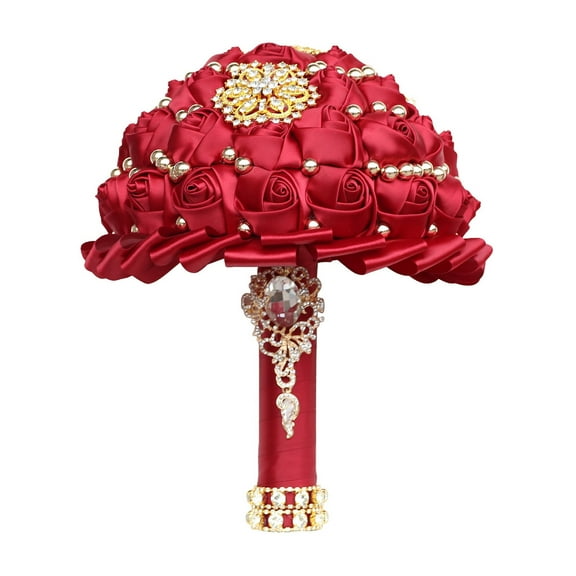 Luxury Quinceanera Bouquet for Bride, 8.3 Inch Wedding Bouquets with Rhinestone Brooch, Satin Artificial Flowers Bridal Bouquet for Bridesmaid, Indoor Outdoor Ceremony Decor in Burgundy Gold