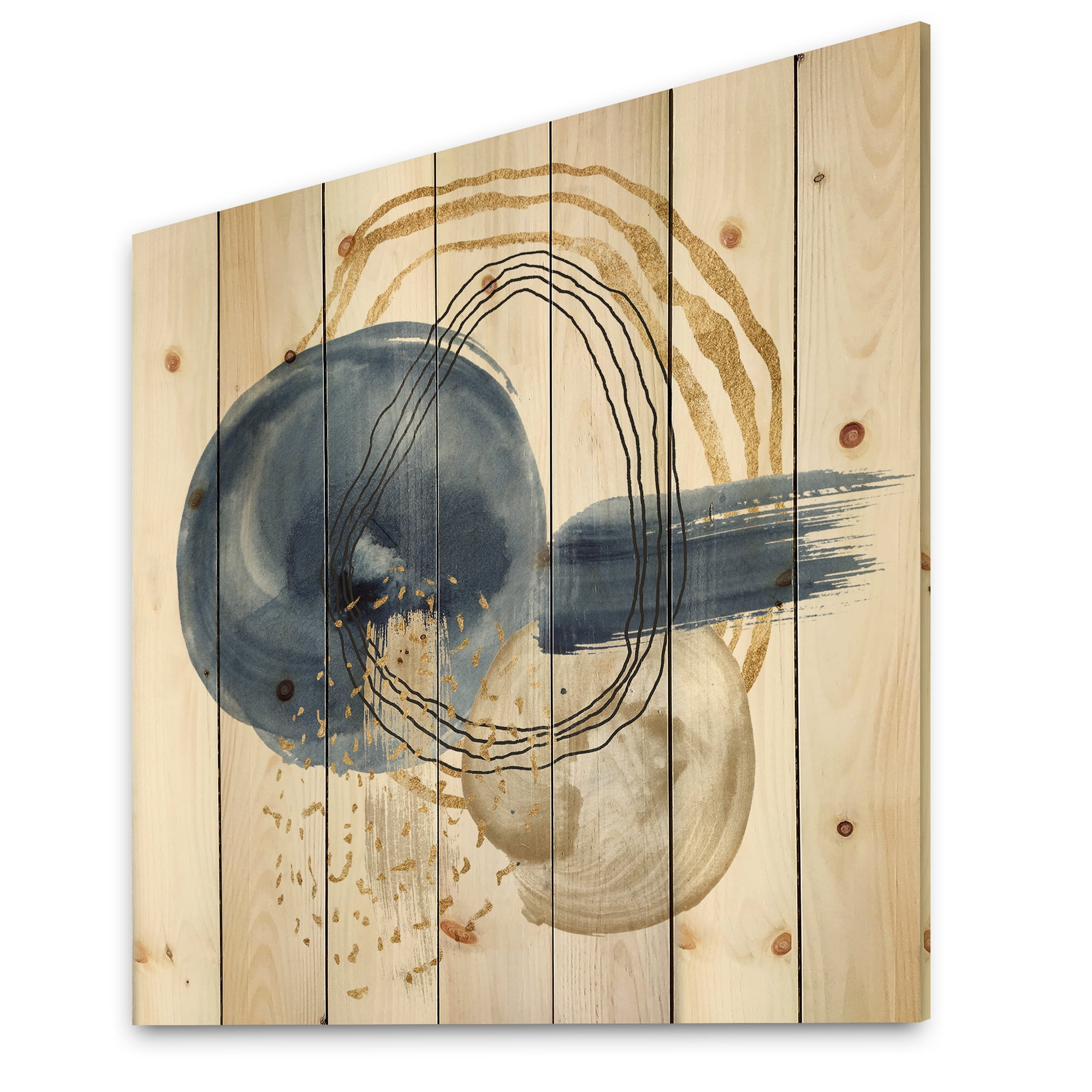 Designart 'Abstract Black and Dark Blue Gold Underwater Life' Modern Print on Natural Pine Wood